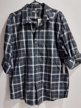 MotoGear Men's XL Button-up Flannel Shirt Black & White plaid Roll-up Sleeve NEW